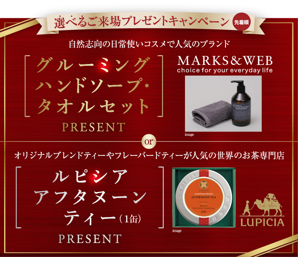 選べるプレゼントキャンペーン グルーミング ハンドソープ・タオルセット or  ルピシア アフタヌーンティー（１缶） プレゼント