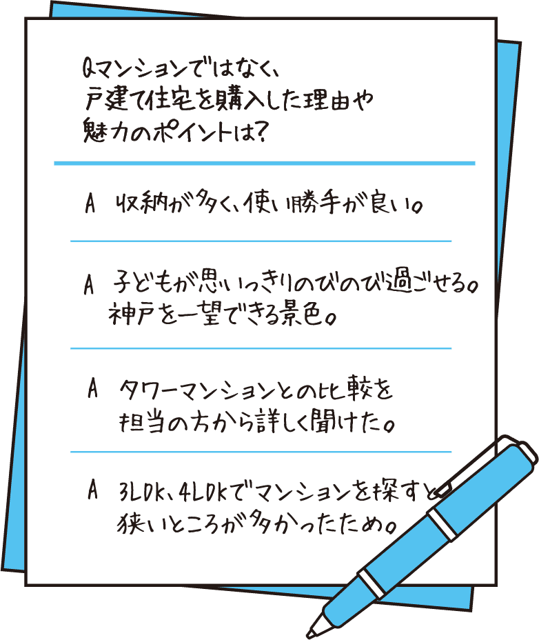マンションではなく戸建て住宅を購入した理由や魅力のポイント。収納が多く使い勝手が良い。子どもが思いっきりのびのび過ごせる、神戸を一望できる景色。タワーマンションとの比較を担当の方から詳しく聞けた。3LDK、4LDKでマンションを探すと狭いところが多かったため。